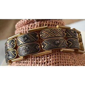 Vintage Damascene Bracelet Spain Gold Tone & Black Ornate Design With Floral & G